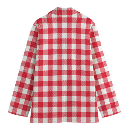 Raspberry Red And White Gingham Print Women's Cotton Blazer