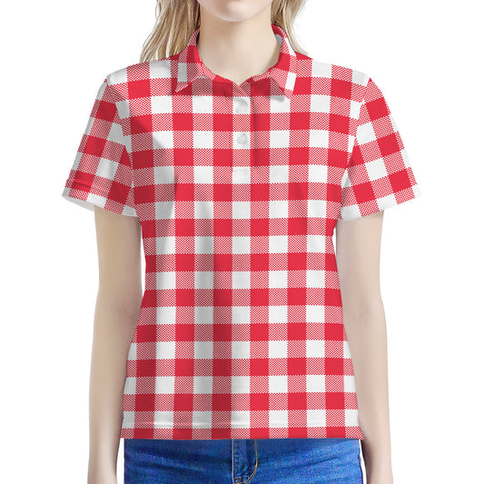 Raspberry Red And White Gingham Print Women's Polo Shirt