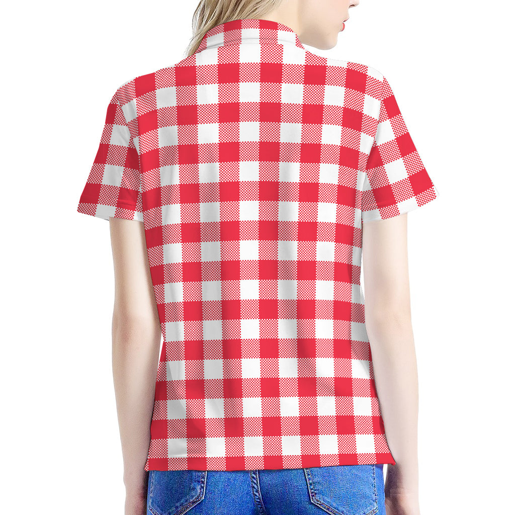 Raspberry Red And White Gingham Print Women's Polo Shirt