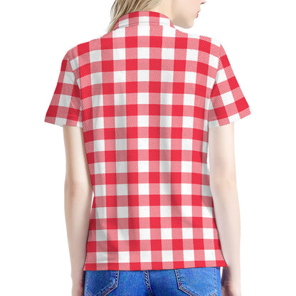Raspberry Red And White Gingham Print Women's Polo Shirt