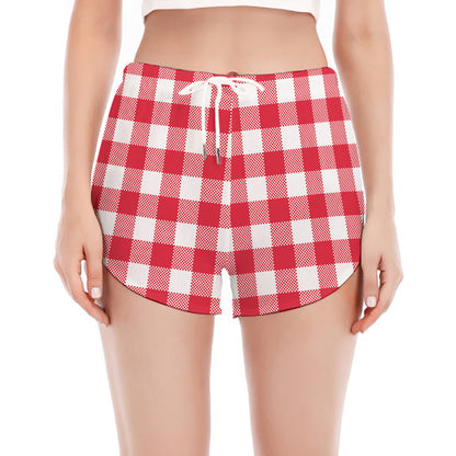 Raspberry Red And White Gingham Print Women's Split Running Shorts