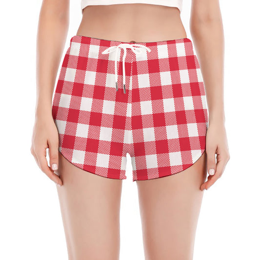 Raspberry Red And White Gingham Print Women's Split Running Shorts