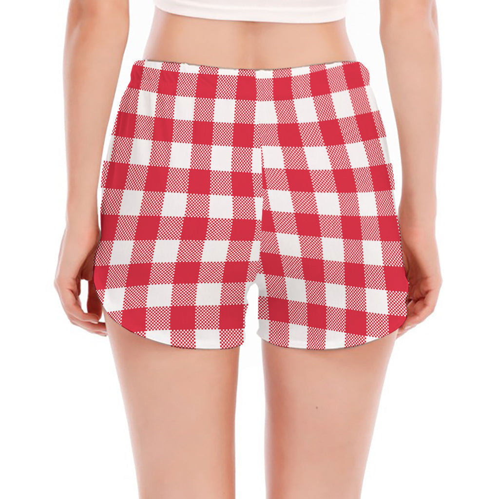 Raspberry Red And White Gingham Print Women's Split Running Shorts