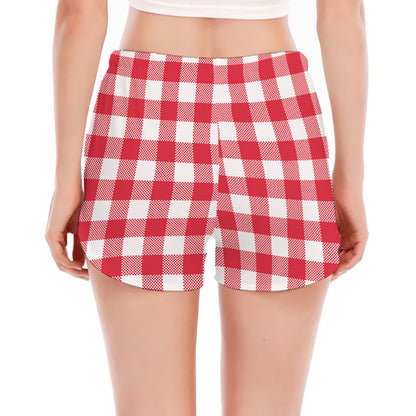 Raspberry Red And White Gingham Print Women's Split Running Shorts