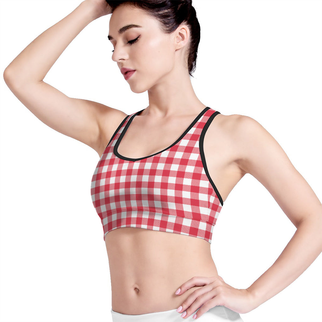 Raspberry Red And White Gingham Print Women's Sports Bra