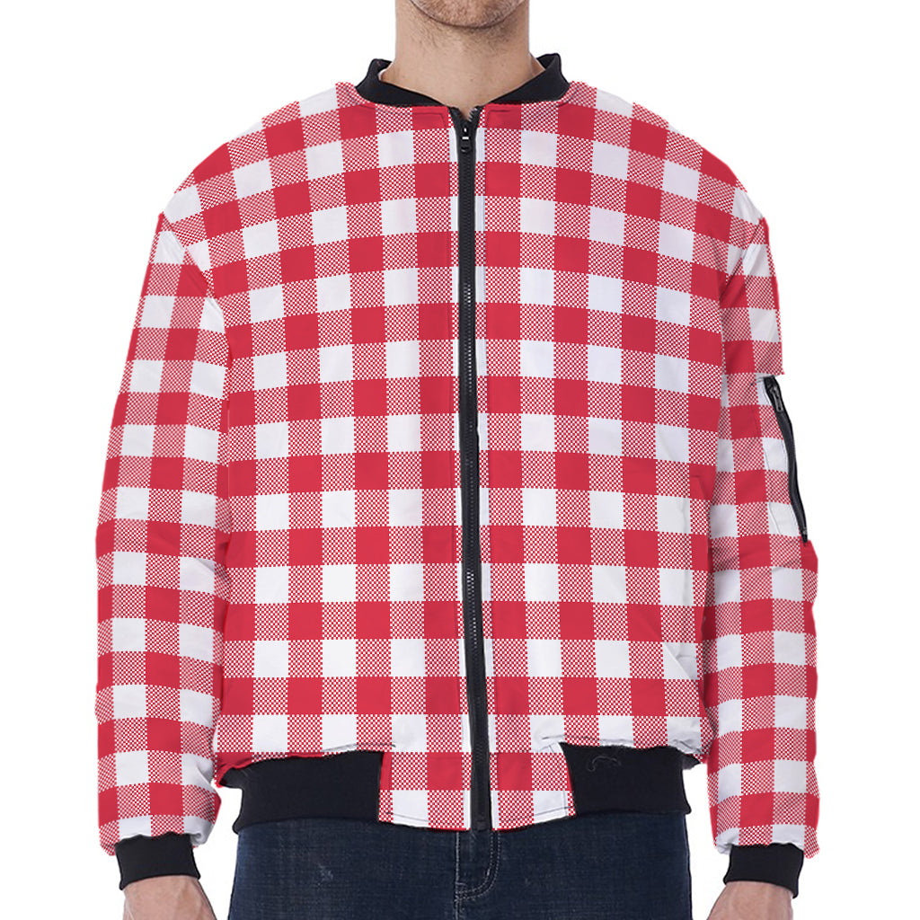 Raspberry Red And White Gingham Print Zip Sleeve Bomber Jacket