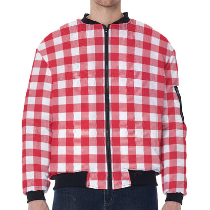 Raspberry Red And White Gingham Print Zip Sleeve Bomber Jacket