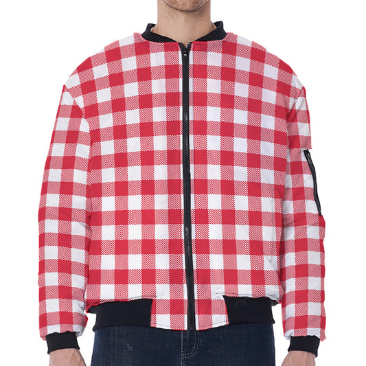 Raspberry Red And White Gingham Print Zip Sleeve Bomber Jacket