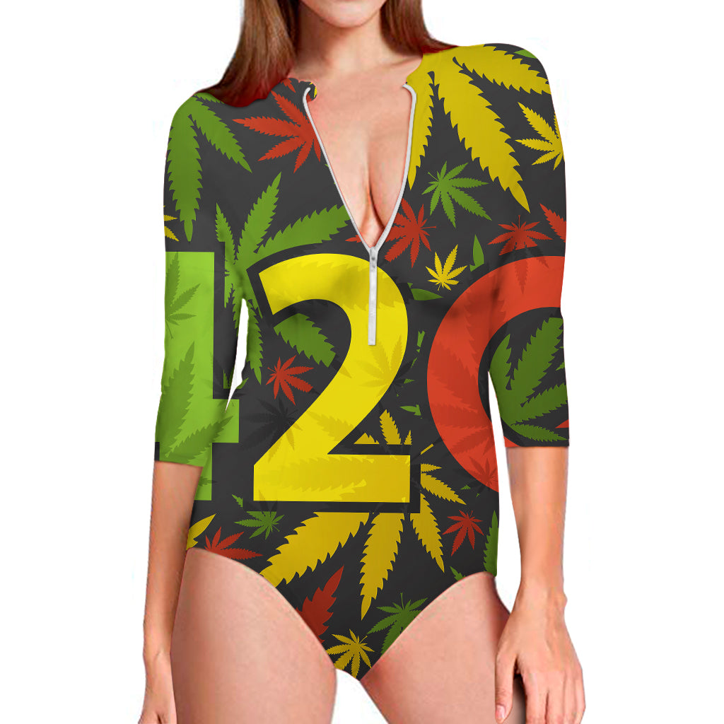 Rasta 420 Print Long Sleeve Swimsuit