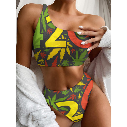 Rasta 420 Print One Shoulder Bikini Top