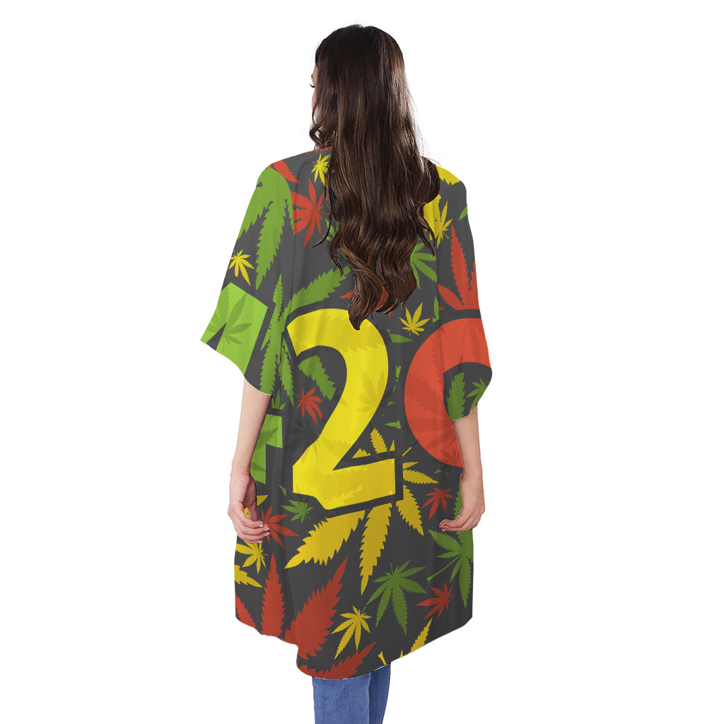 Rasta 420 Print Open Front Beach Cover Up