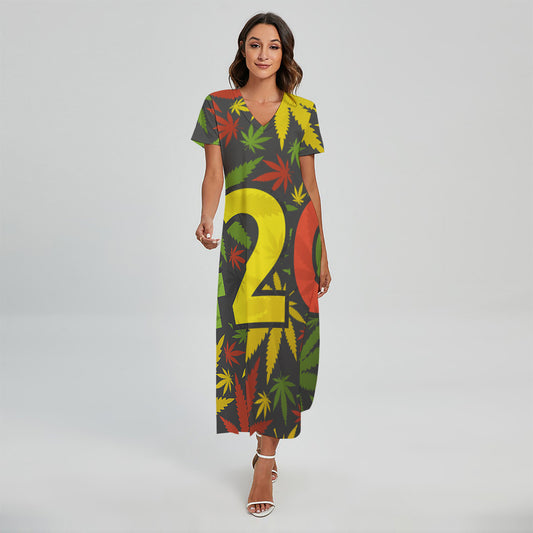 Rasta 420 Print Short Sleeve Maxi Dress