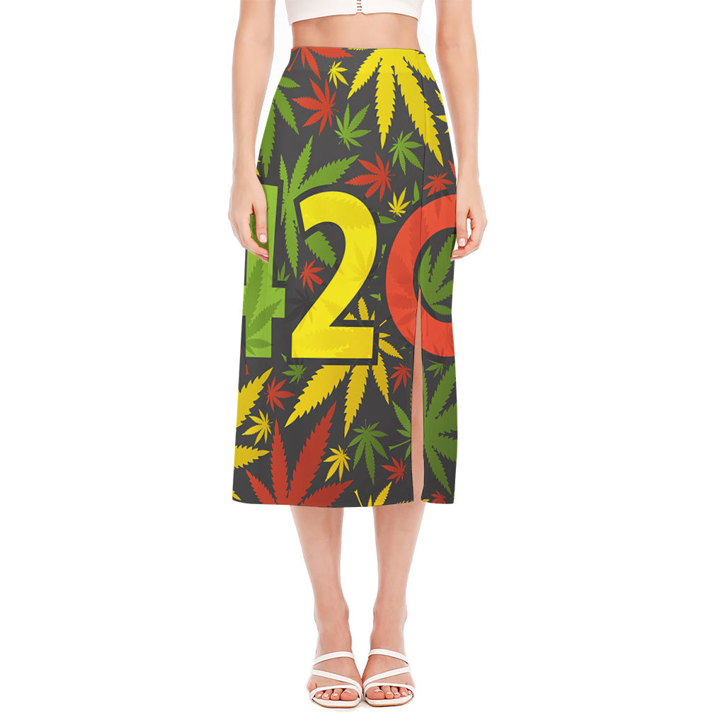 Rasta 420 Print Side Slit Midi Skirt