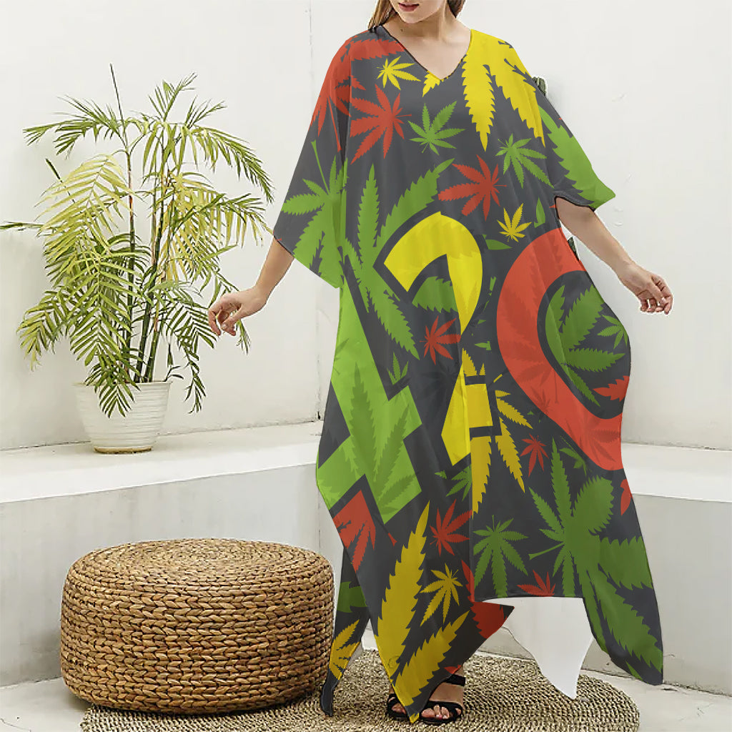 Rasta 420 Print Silk V-Neck Kaftan Dress