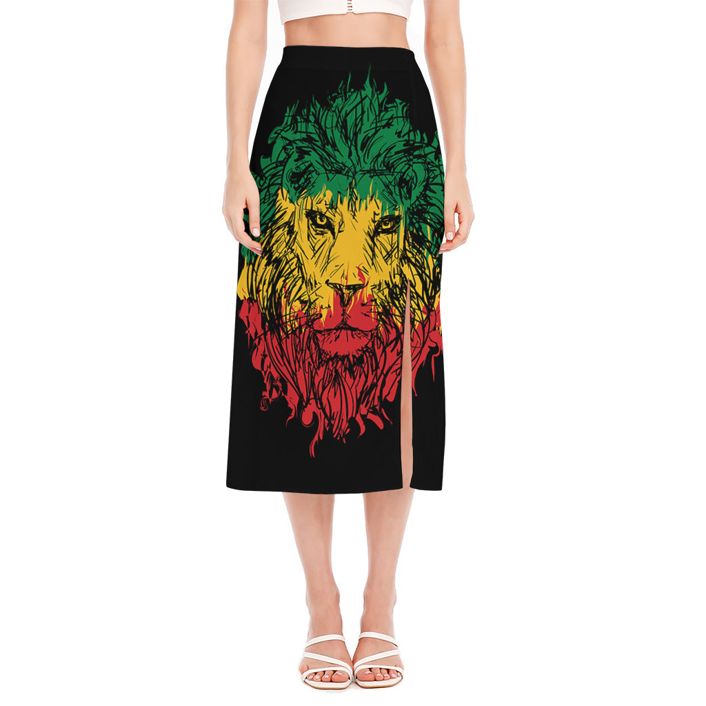 Rasta Lion Print Side Slit Midi Skirt