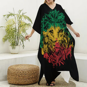 Rasta Lion Print Silk V-Neck Kaftan Dress