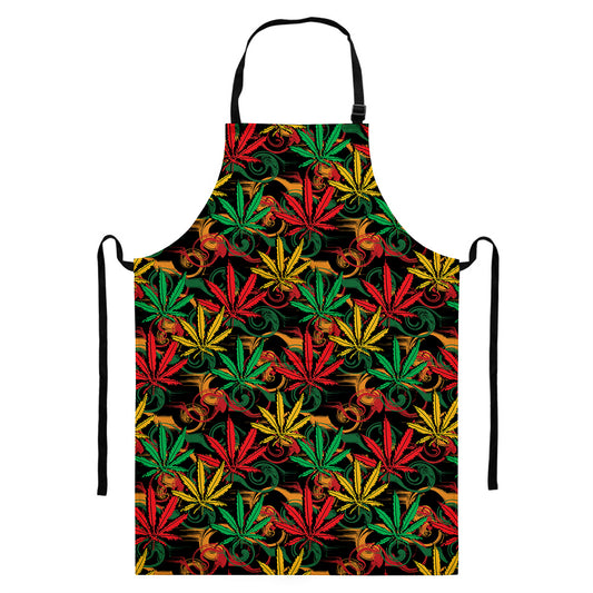 Rasta Marijuana Pattern Print Bib Apron With Pocket
