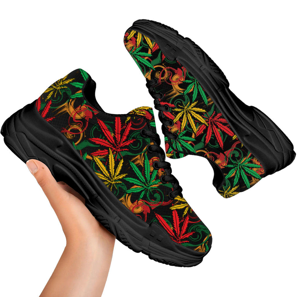 Rasta Marijuana Pattern Print Black Chunky Shoes