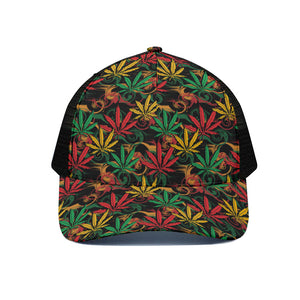 Rasta Marijuana Pattern Print Black Mesh Trucker Cap