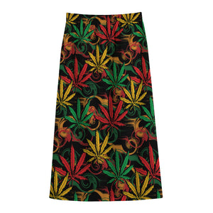 Rasta Marijuana Pattern Print Cotton Front Slit Maxi Skirt