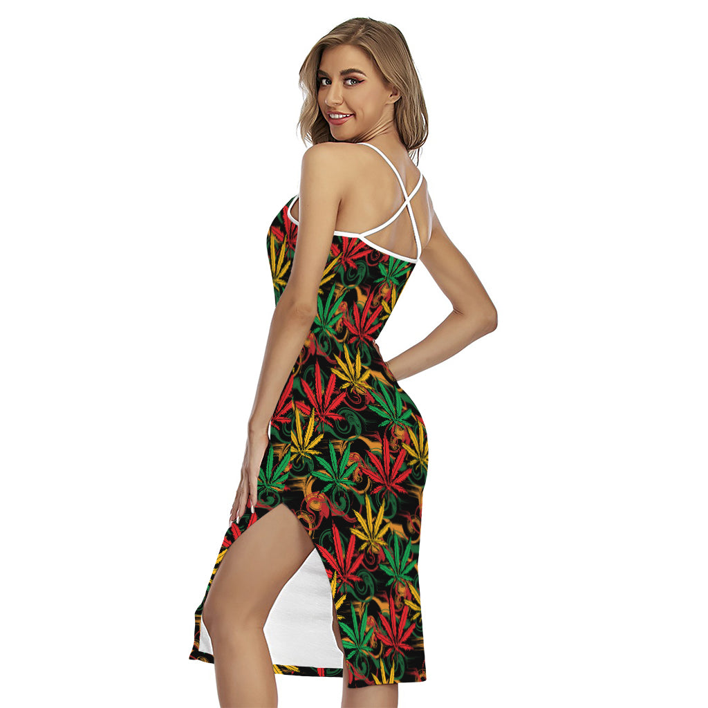 Rasta Marijuana Pattern Print Cross Back Cami Dress