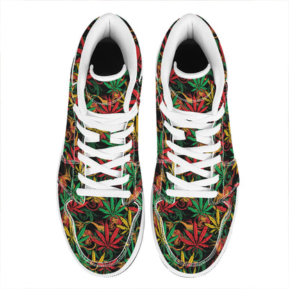 Rasta Marijuana Pattern Print High Top Leather Sneakers