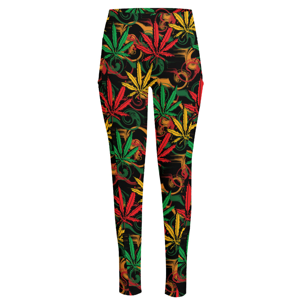 Rasta Marijuana Pattern Print High-Waisted Pocket Leggings