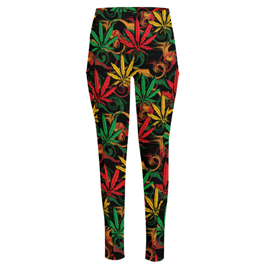 Rasta Marijuana Pattern Print High-Waisted Pocket Leggings