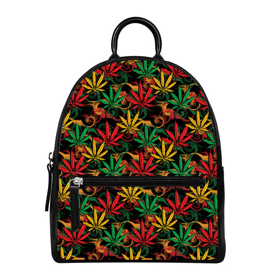 Rasta Marijuana Pattern Print Leather Backpack