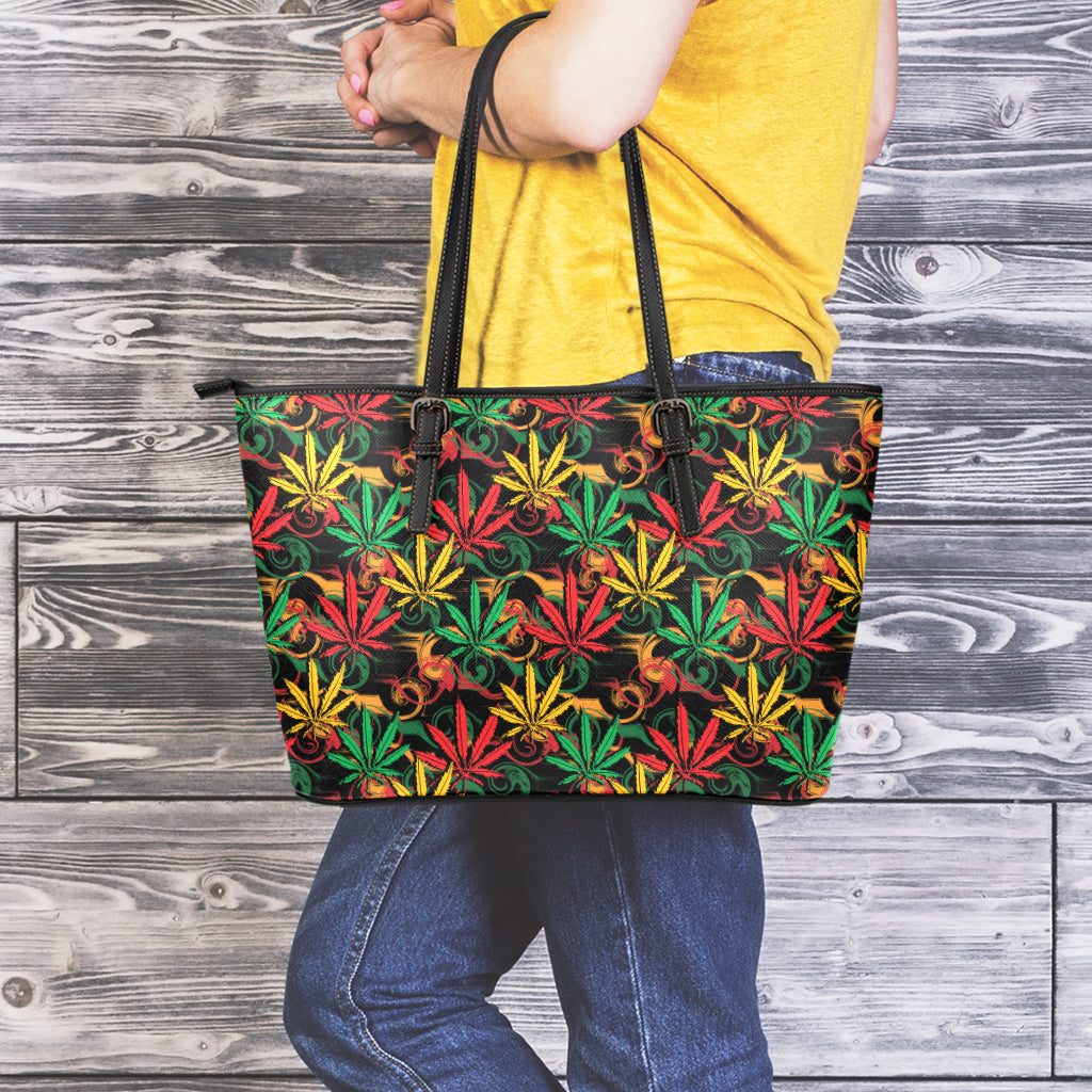 Rasta Marijuana Pattern Print Leather Tote Bag