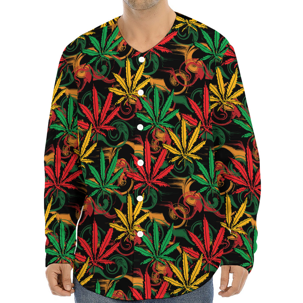 Rasta Marijuana Pattern Print Long Sleeve Baseball Jersey