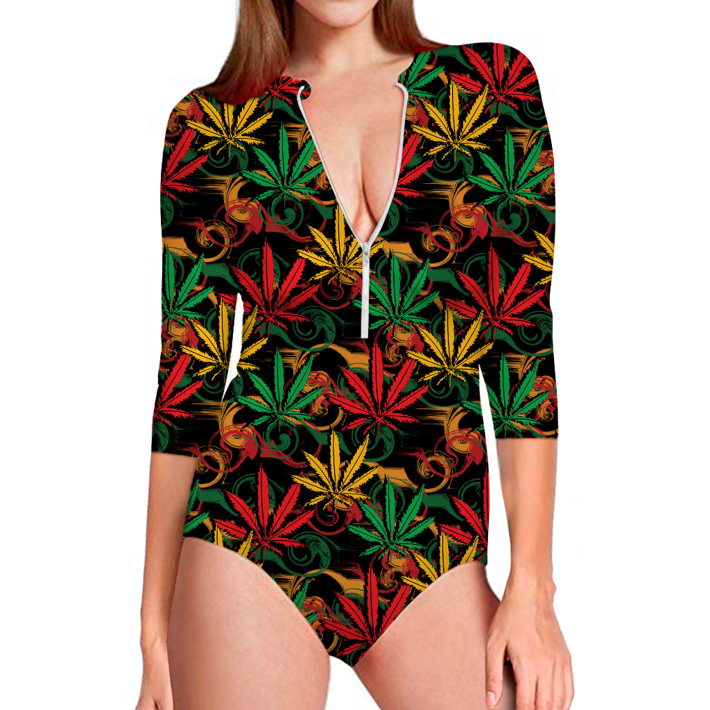 Rasta Marijuana Pattern Print Long Sleeve Swimsuit