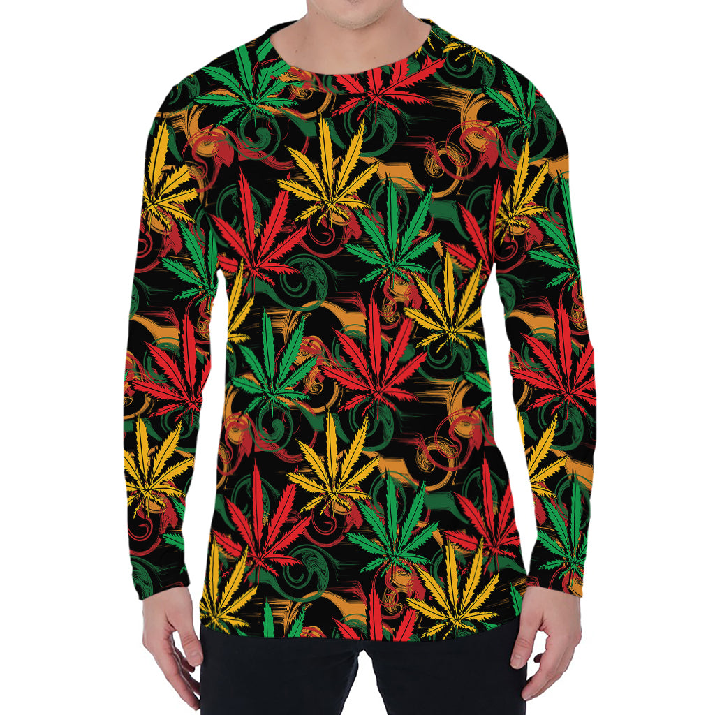 Rasta Marijuana Pattern Print Men's Long Sleeve T-Shirt