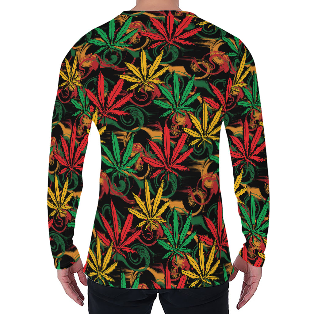 Rasta Marijuana Pattern Print Men's Long Sleeve T-Shirt