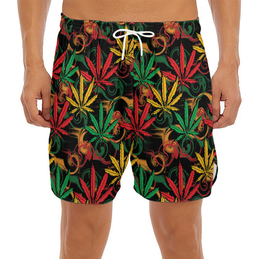 Rasta Marijuana Pattern Print Men's Split Running Shorts