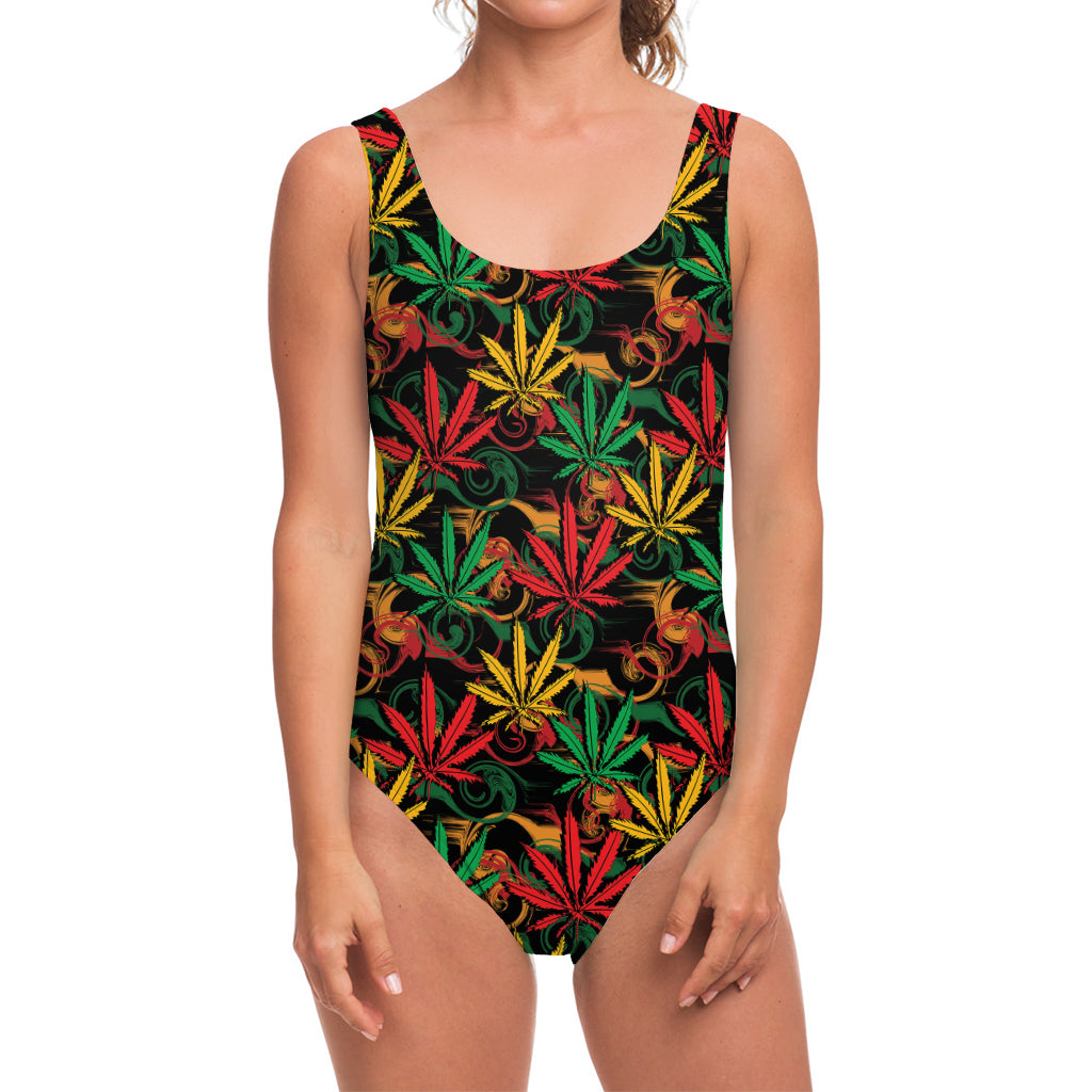 Rasta Marijuana Pattern Print One Piece Swimsuit