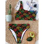 Rasta Marijuana Pattern Print One Shoulder Bikini Top