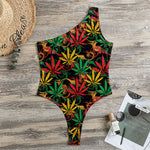 Rasta Marijuana Pattern Print One Shoulder Bodysuit