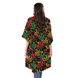 Rasta Marijuana Pattern Print Open Front Beach Cover Up