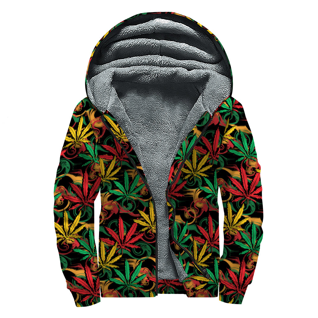 Rasta Marijuana Pattern Print Sherpa Lined Zip Up Hoodie