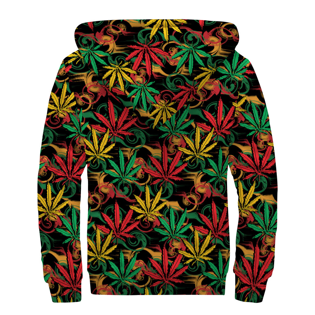 Rasta Marijuana Pattern Print Sherpa Lined Zip Up Hoodie