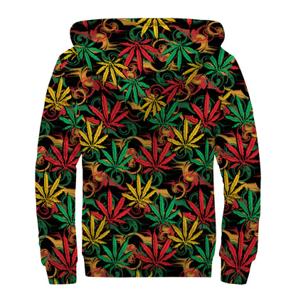 Rasta Marijuana Pattern Print Sherpa Lined Zip Up Hoodie
