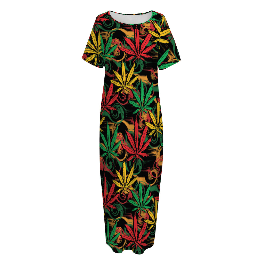 Rasta Marijuana Pattern Print Short Sleeve Long Nightdress