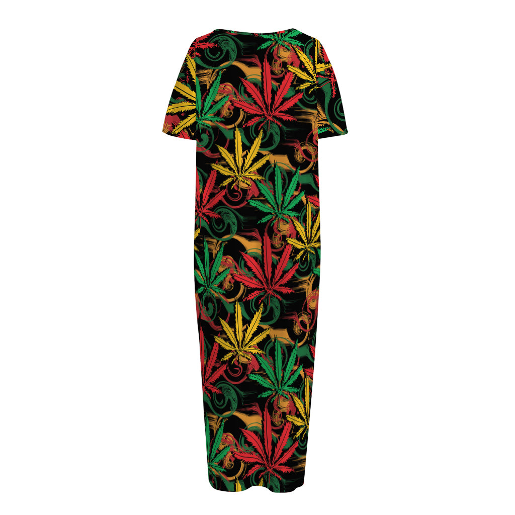Rasta Marijuana Pattern Print Short Sleeve Long Nightdress
