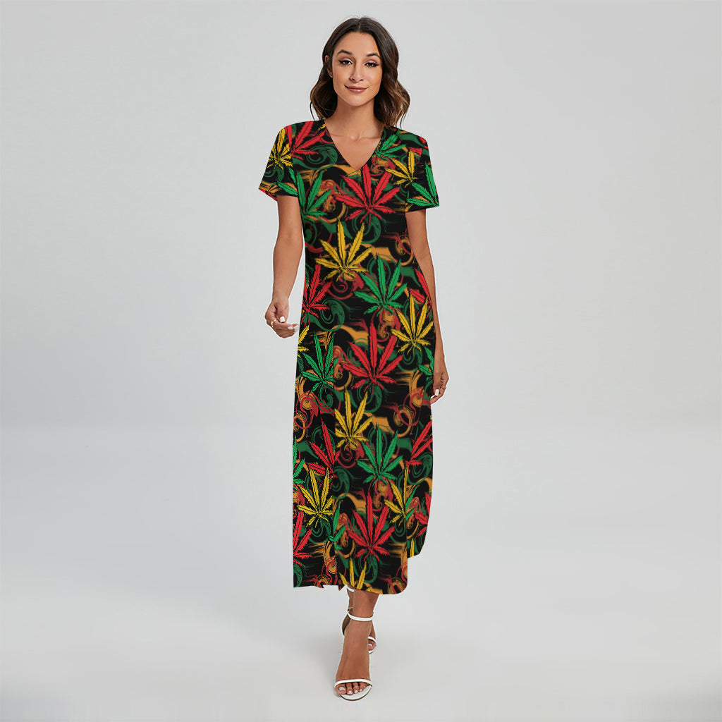 Rasta Marijuana Pattern Print Short Sleeve Maxi Dress