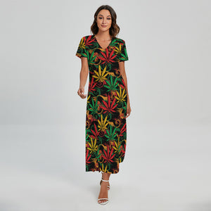 Rasta Marijuana Pattern Print Short Sleeve Maxi Dress