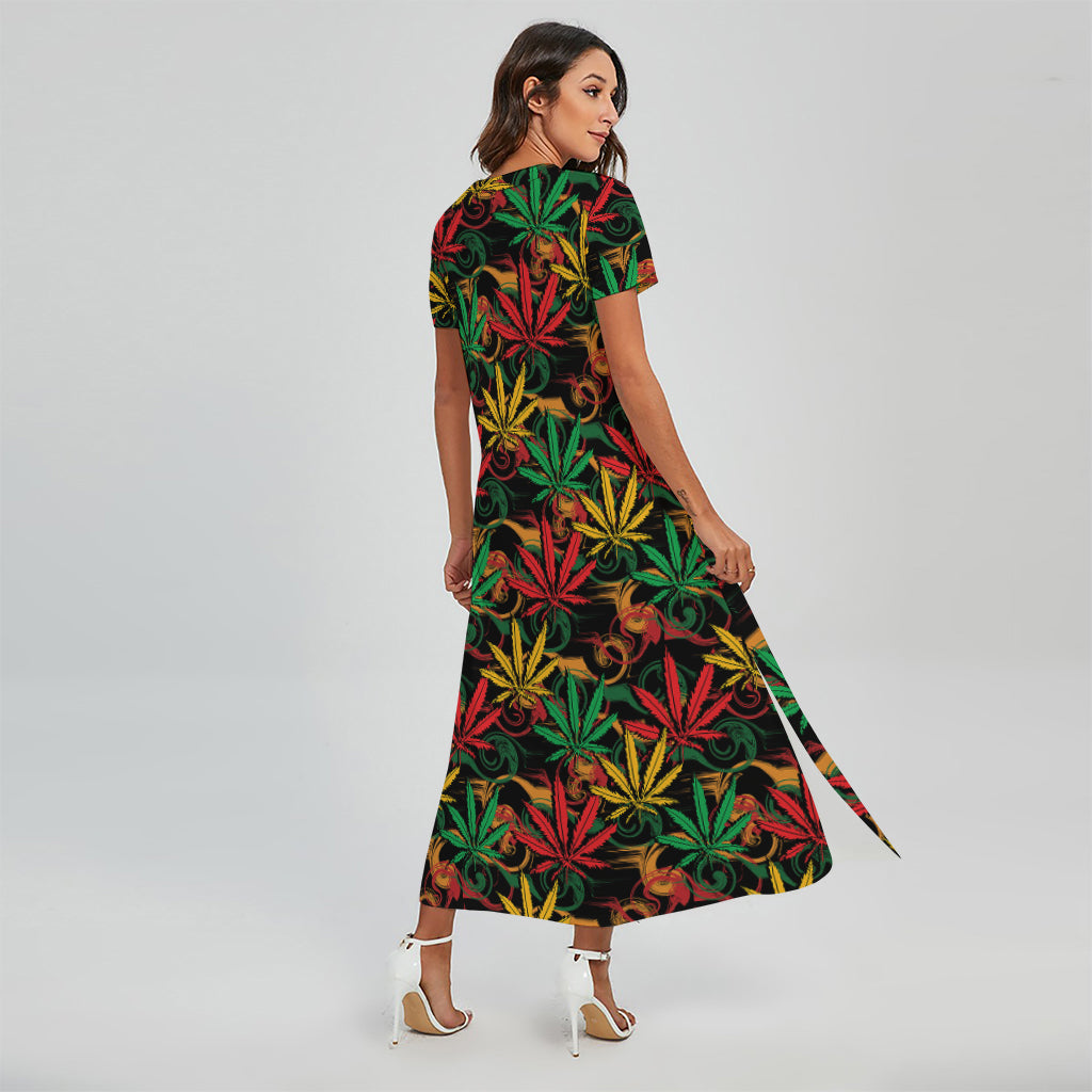 Rasta Marijuana Pattern Print Short Sleeve Maxi Dress