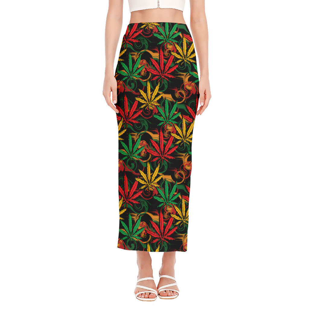 Rasta Marijuana Pattern Print Side Slit Maxi Skirt