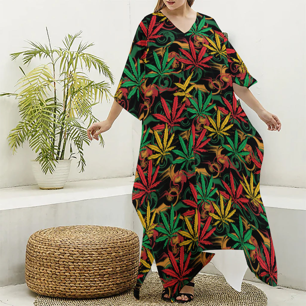 Rasta Marijuana Pattern Print Silk V-Neck Kaftan Dress