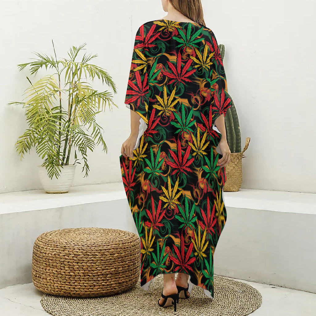 Rasta Marijuana Pattern Print Silk V-Neck Kaftan Dress